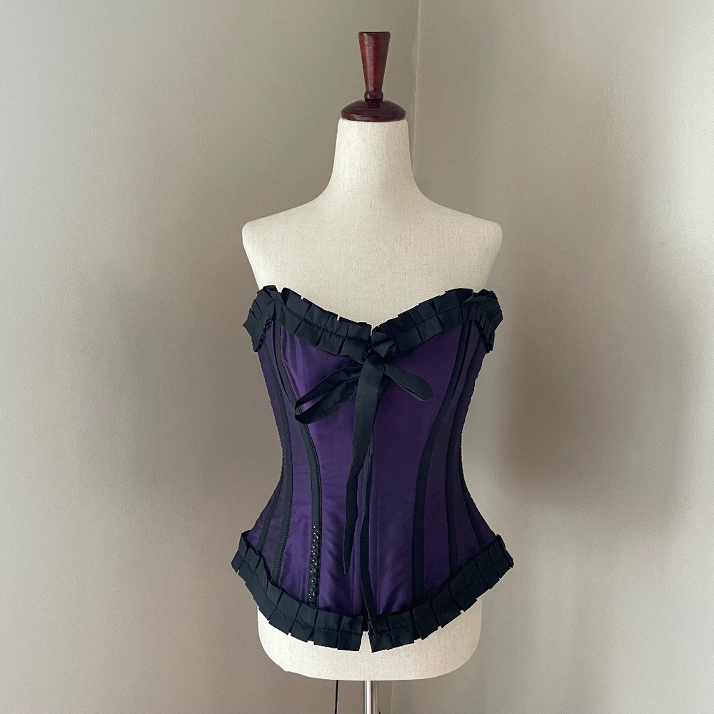 Burleska Steampunk Black and Purple Boned Corset Top Zip Front Lace Up Back L/28